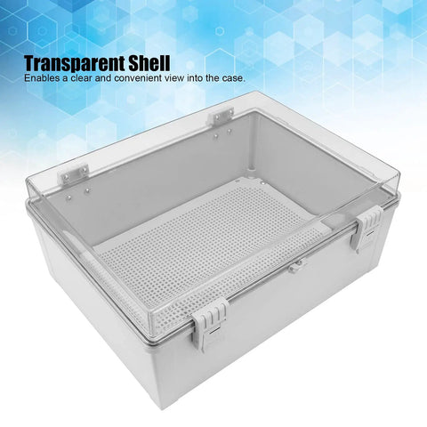 Tough As Nails Outdoor Junction Box with transparent cover and buckle, IP66 weatherproof ABS enclosure for outdoor installations.