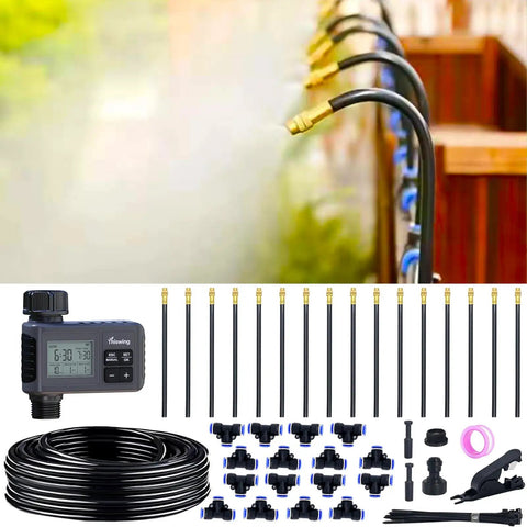 360 Degree Adjustable Drip Irrigation System With 50 Ft Tubing, 16 Nozzles, Water Timer, Rain Delay, Sprinkler Kit components