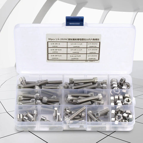 Top Notch 90 Piece Stainless Steel Hex Cap Screw Assortment Kit With Matching Nuts Includes 1/4 20 UNC Size Plus Rust Proof 304 Build For Heavy Duty Home Auto And Outdoor Repair Projects Guaranteed To Perform. open organizer with 1/4-20 UNC screws and nuts