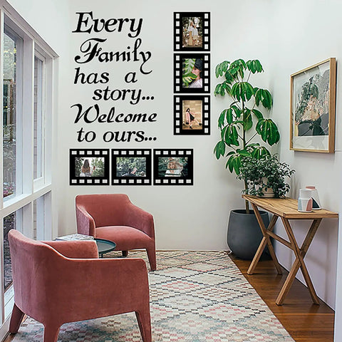 Family Wall Decals Set For Living Room With Six 4x6 Inch Picture Frames, Inspirational Quotes, Two Sheets, Large 14.96 x 22.83 Inch Layout.