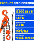 Manual lever chain hoist, 8 ton capacity, 10 ft reach, orange body with black steel chain and hooks