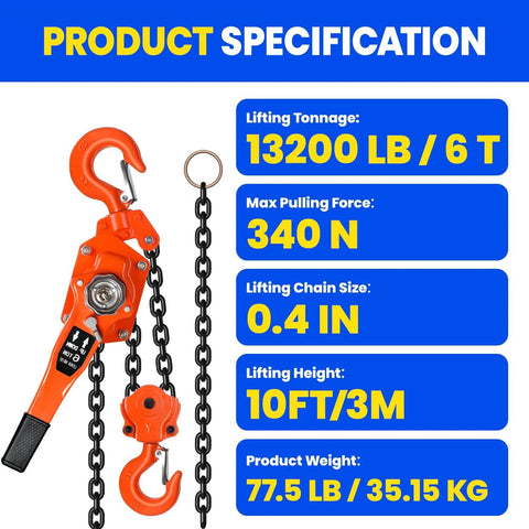 Manual lever chain hoist, 8 ton capacity, 10 ft reach, orange body with black steel chain and hooks