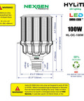 High Power 100W LED Omni Cob Light Replaces 400W HPS MH With Fuss Free No Ballast Needed graphic showing dimensions and specifications