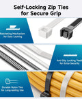 Self-locking zip ties with ratcheting mechanism, white and black colors, shown with cables. 200 Pack Self Locking Nylon Zip Ties Assorted 6, 8, 12 Inch Indoor Outdoor Black And White For Cable Management Tangle Free At Home Garage Office Projects Ties For Organizing Cables And Keeping Things Neat And Secure.