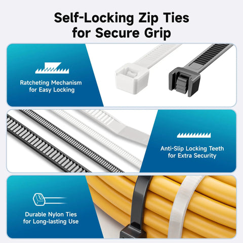 Self-locking zip ties with ratcheting mechanism, white and black colors, shown with cables. 200 Pack Self Locking Nylon Zip Ties Assorted 6, 8, 12 Inch Indoor Outdoor Black And White For Cable Management Tangle Free At Home Garage Office Projects Ties For Organizing Cables And Keeping Things Neat And Secure.