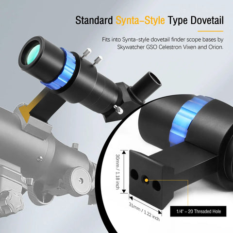 Side view of Mini Guide Scope 30mm Finder Kit for Deep Sky Astrophotography with Synta-style dovetail mount attached to a telescope