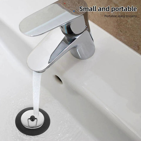 Rubber Bathtub Drain Stopper Plug with Stainless Steel Seal shown in use, positioned under a running faucet in a bathtub.