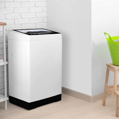 White top-load portable washing machine with black base; 3.0 cu ft capacity in laundry room.
