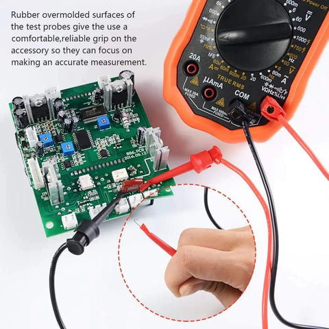 16 Piece Multimeter Test Lead Kit With Gold Plated Probes, Stackable Banana Plug Leads, in use with circuit board