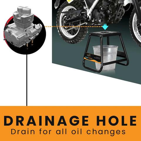 Heavy Duty Motorcycle Stand for Dirt Bikes and Off Road MX Rides Built Tough Universal Fit Powder Coated Steel Non Slip Maintenance Stand for Dirt Bike Servicing and Repairs Black Finish with drainage hole for oil changes