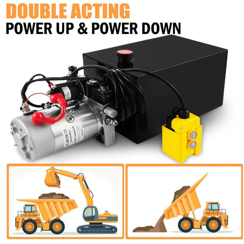Beefy Truck-Grade 8 Quart Hydraulic Power Unit With Dual Acting Dump Trailer Pump, 12V DC Motor, Steel Reservoir, Horizontal Mount