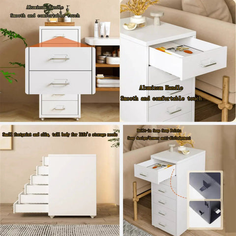 Image of a white mobile lockable file cabinet on wheels with vertical document storage, smooth glide drawers, and aluminum handles.