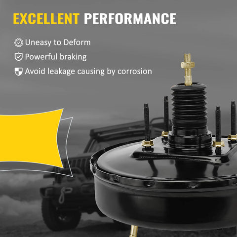 Heavy Duty Vacuum Power Brake Booster For Chevy Silverado 1500 And Cadillac Escalade showing black metal design with mounting points.