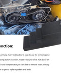 Two-pack black primary drive locking tools shown in front of exposed motorcycle engine timing gears.