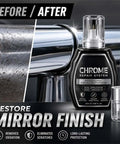 Before and after image showing the Professional Chrome Repair Pen, Silver Spray Paint for Metal (Silver) restoring chrome surface.