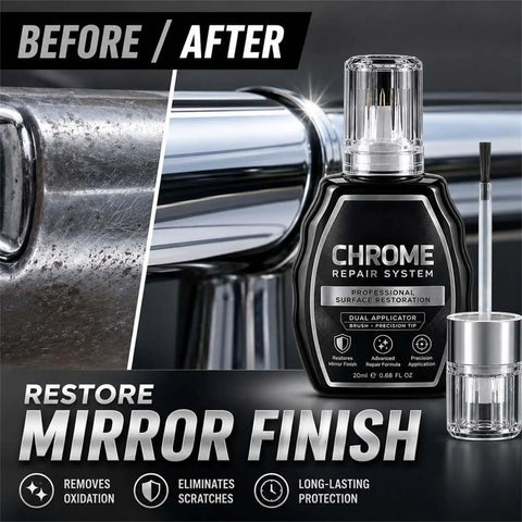 Before and after image showing the Professional Chrome Repair Pen, Silver Spray Paint for Metal (Silver) restoring chrome surface.