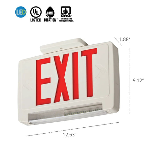 LED Exit Sign And Emergency Light Bar Combo With Back Up Battery M6 Damp Listed 3 Watt Output Red 6-Inch High Letters Super Bright LEDs Compact Modern Design For Hallways And Offices In Case Of Power Failures