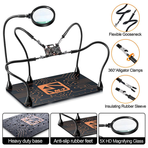 Front view of M-T Helping Hands soldering station with four gooseneck arms and magnifier on a 13x9 in anti-slip steel base