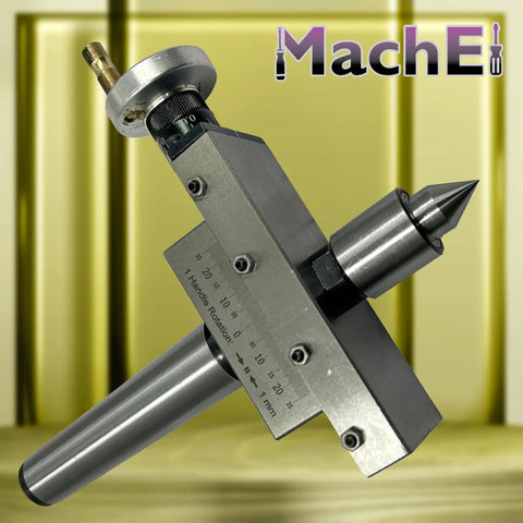 MachEl taper turning attachment with revolving live center; metal body, MT3 Morse taper, dial scale.