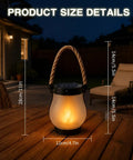 Solar Lantern Outdoor Lights With Realistic Dancing Flame Effect For Camping And Patio Use, dimensions shown on patio table.