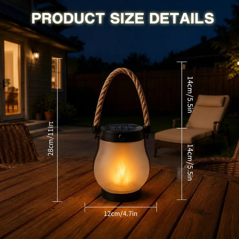 Solar Lantern Outdoor Lights With Realistic Dancing Flame Effect For Camping And Patio Use, dimensions shown on patio table.