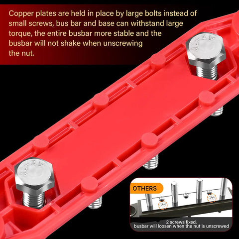 Close-up of Heavy Duty Power Distribution Block 150A with stainless fittings, showcasing robust construction and secure bolts.