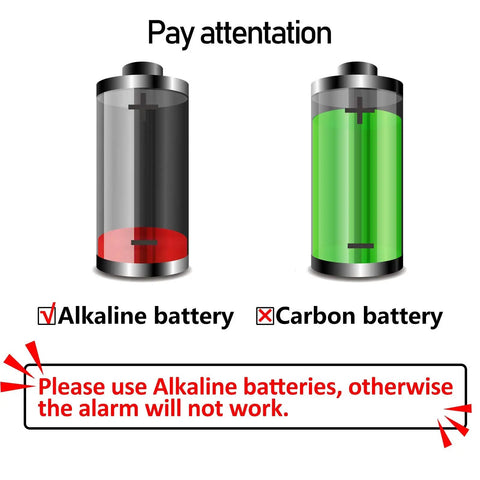 Illustration showing alkaline and carbon batteries with a note: 'Please use Alkaline batteries, otherwise the alarm will not work.'