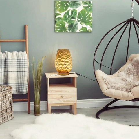 Dimmable Rattan Table Lamp With Boho Woven Shade And Bamboo Base Small Wicker Desk Lamp For Bedroom Living Room Nursery Kids Room Vintage Wooden Nightstand Light Inline Dimmer For Cozy Glow