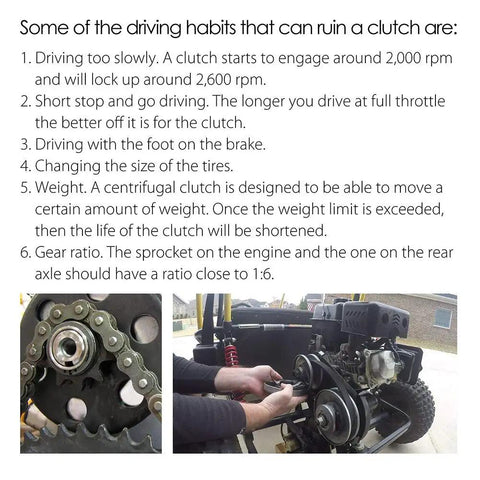 Mechanic adjusting Go Kart Beefy Centrifugal Clutch Three Quarter Inch Bore 10 Tooth For 40 41 420 Chain Built For Predator 212 Engine, text overlay on driving habits affecting clutches.