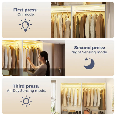 Eight Foot White Walk In Closet Organizer System With Motion Sensing Led Lights And Heavy Duty Hanging Rods No Sweat Assembly For Master Bedroom Slick Storage Upgrade And Effortless Space Saving Design