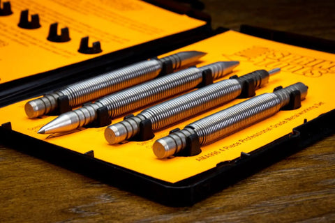 Pro Grade 4 Piece Metalworking Set with High Speed Steel Center Punch, self-centering punch, chisel, and prick punch in case