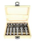 Heavy Duty Forstner Bit Set Six Piece Woodworking Plug Cutters High Speed Carbon Steel Drill Press And Cordless Ready includes tools in wooden box.