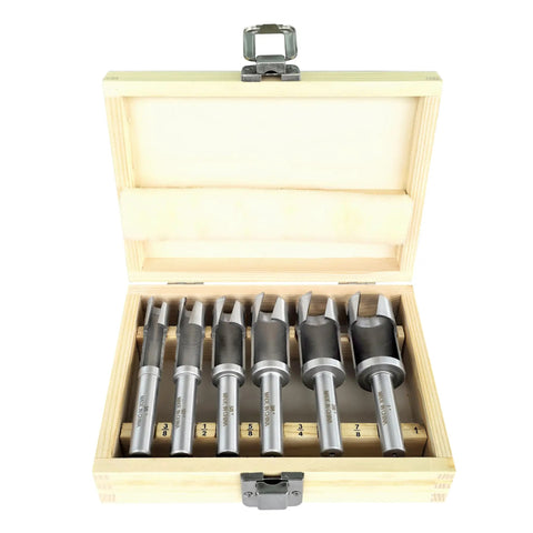 Heavy Duty Forstner Bit Set Six Piece Woodworking Plug Cutters High Speed Carbon Steel Drill Press And Cordless Ready includes tools in wooden box.
