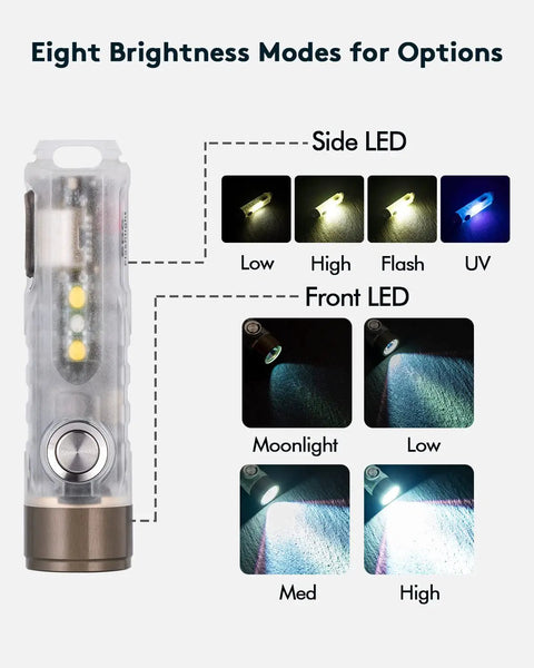 Aurora A7 G4 7075 USB C Rechargeable Keychain Flashlight eight brightness modes for side and front LEDs