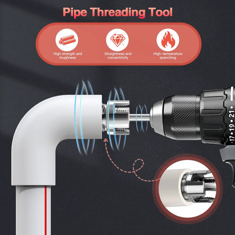 GrenTools 3 Piece Pvc Pipe Threader Kit For 1/2 Inch, 3/4 Inch, And 1 Inch Pipes High Carbon Steel Plumbing threading tool mounted on PVC pipe