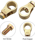 Two Pairs Pure Copper Battery Terminal Clips For Cars With Washers And Gaskets Positive And Negative Top Post Cable Connectors Heavy Duty Car Battery Clamps Dual Pack Terminal Connectors For Car Maintenance, showing copper clips and iron screws.