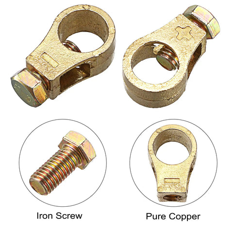 Two Pairs Pure Copper Battery Terminal Clips For Cars With Washers And Gaskets Positive And Negative Top Post Cable Connectors Heavy Duty Car Battery Clamps Dual Pack Terminal Connectors For Car Maintenance, showing copper clips and iron screws.