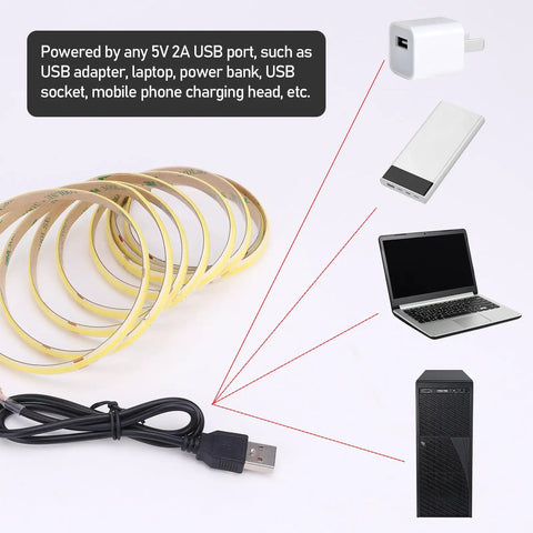 5V USB COB LED Strip Light With 640 LEDs, 6.6Ft IP65 Waterproof, USB cable shown with connection options like power bank, laptop