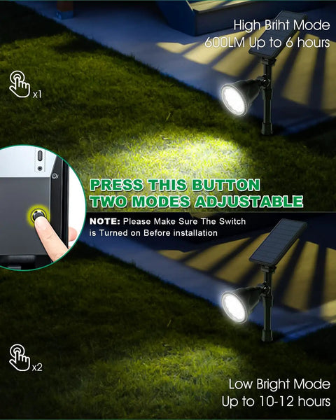 Bright Solar Spot Lights Outdoor Waterproof 18 LED 2 Mode Brightness Dusk Till Dawn Landscape Lighting illustrating button feature