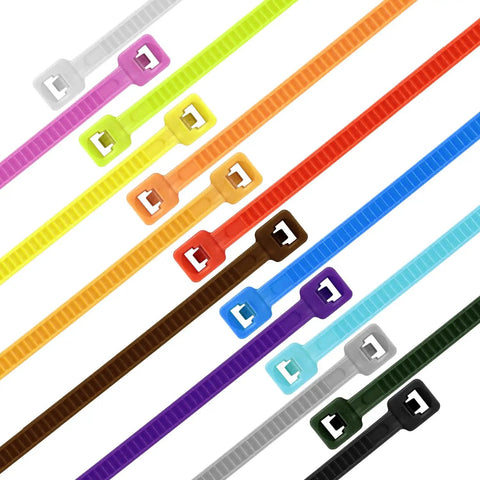 Colorful nylon zip ties variety, including colors like red, yellow, and blue, assorted sizes, focus is on color differentiation and function.