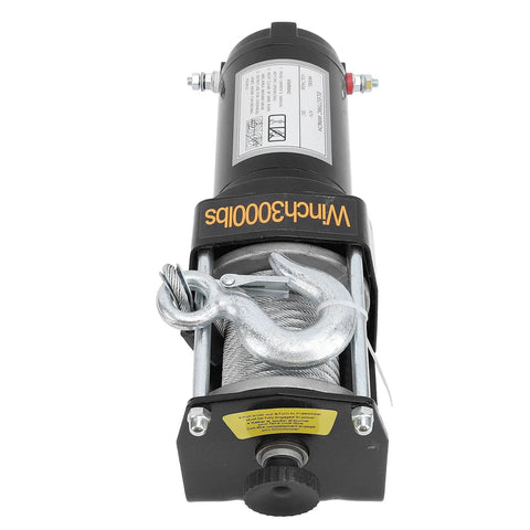 Durable 12V Electric Winch Kit With 3000lbs Load Bearing Power For Heavy Duty Towing And Off Road Rescue Jobs On Jeeps Trucks And Atvs Using Strong 1KW Motor And Smooth Planetary Gear Transmission, showcasing front view with hook and cable.