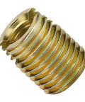 Self Tapping Thread Inserts Kit In Carbon Steel For Thread Repair With Inner M3x0.5 And Outer M5x0.5 Threads Plus Inner M12x1.75 And Outer M16x1.5 22mm Length Built To Last Heavy Duty Vibration Resistant Fastener Repair For Home Auto Industrial, gold insert close-up