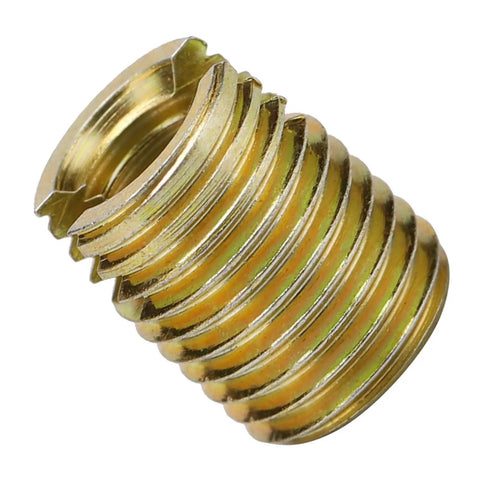 Self Tapping Thread Inserts Kit In Carbon Steel For Thread Repair With Inner M3x0.5 And Outer M5x0.5 Threads Plus Inner M12x1.75 And Outer M16x1.5 22mm Length Built To Last Heavy Duty Vibration Resistant Fastener Repair For Home Auto Industrial, gold insert close-up