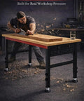 Craftsman using heavy duty 48 inch adjustable height workbench with power strip and pegboard pro grade solid wood top, 2000 lbs load capacity