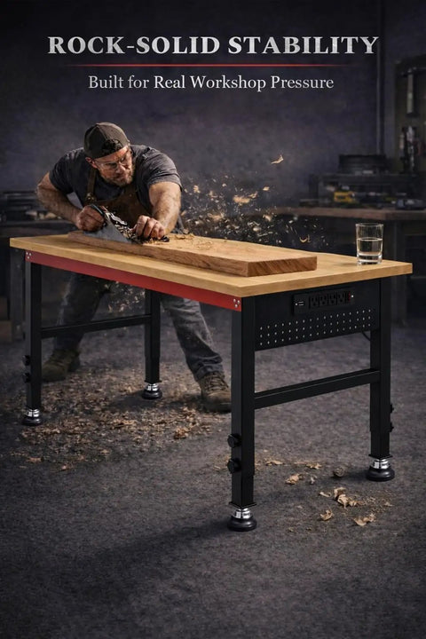 Craftsman using heavy duty 48 inch adjustable height workbench with power strip and pegboard pro grade solid wood top, 2000 lbs load capacity