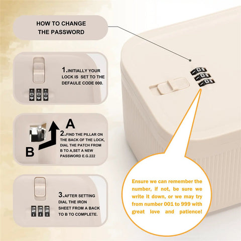Lockable Storage Box With Dial Lock For Medicine, Phone And Small Essentials, showing how to change the lock password.