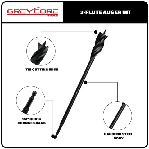 Single auger bit from Beast Pro Grade 3 Piece 16 Inch Wood Auger Bit Set with 3 flute design and quarter inch quick change shank.