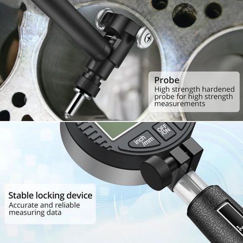ALLmeter dial bore gauge installed in engine cylinder; close-up of black probe and dial indicator with locking knob.\"