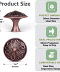 Antique Copper Kitchen Cabinet Knobs Set For 1.4 Inch Cabinets, Solid Zinc Alloy Round Knobs, Side and Top View with Dimensions