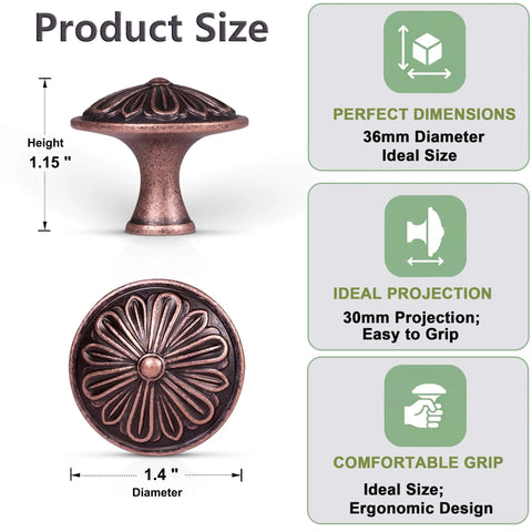 Antique Copper Kitchen Cabinet Knobs Set For 1.4 Inch Cabinets, Solid Zinc Alloy Round Knobs, Side and Top View with Dimensions